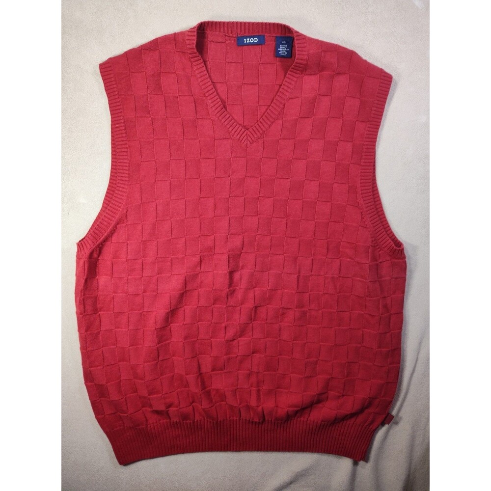 Men's IZOD Red V-Neck Sweater Vest Size Large L Golf Preppy Casual Textured